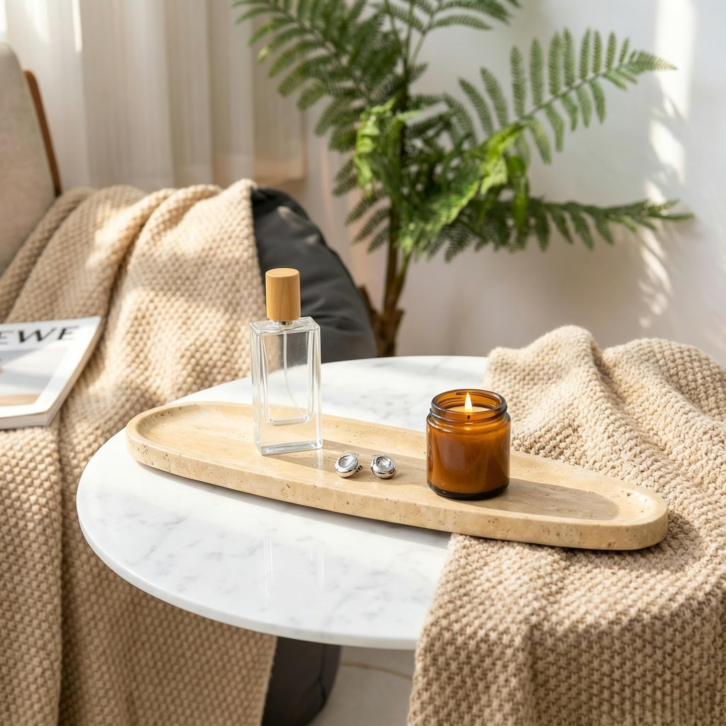 PracFit Natural Travertine Vanity Tray, 16.6"x4.6" Real Marble Decorative Tray for Bathroom Countertop & Home Decor, Catchall Organizer for Jewelry, Candles, Cosmetics & Perfume（Travertine）
