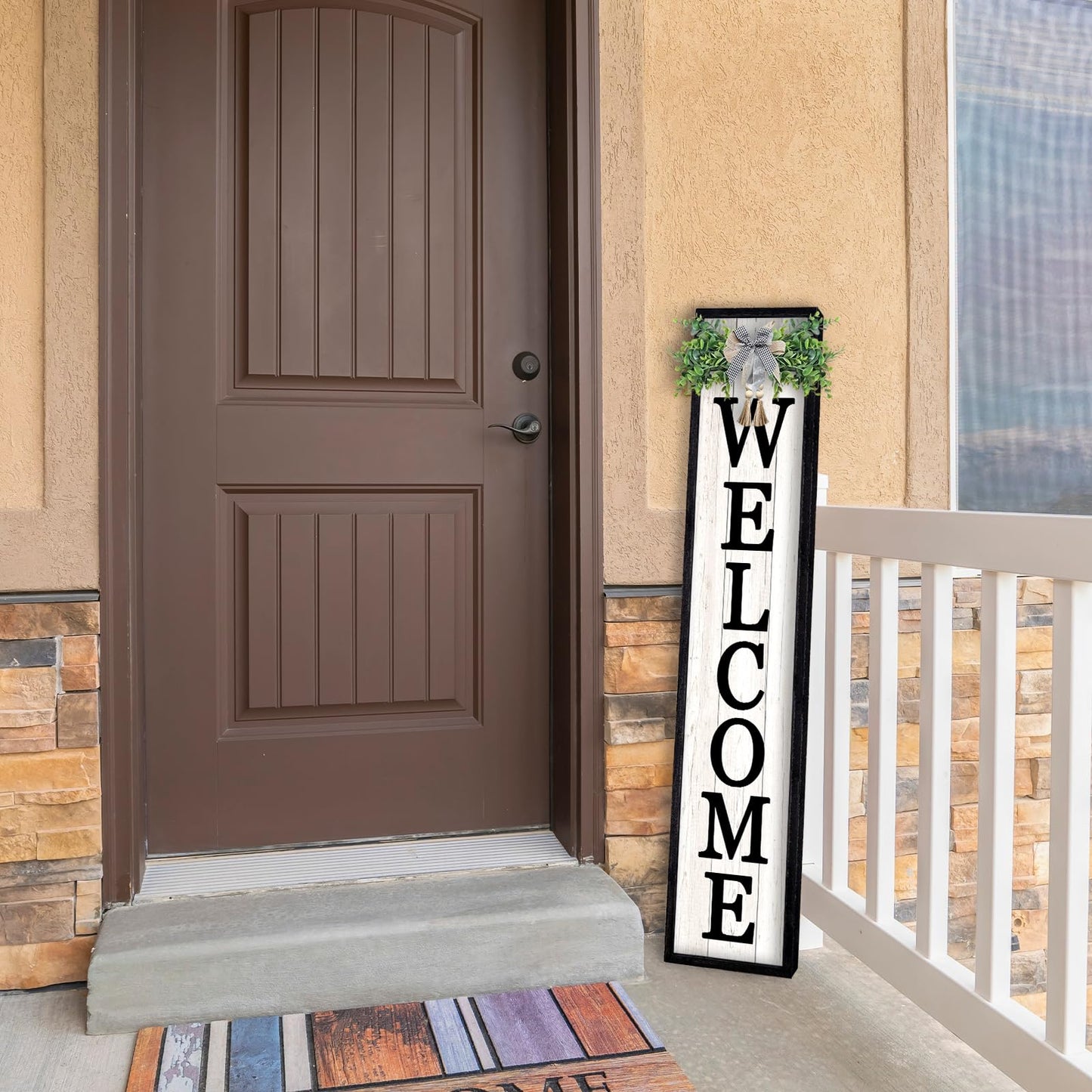 LuZhiQiang Front Porch for Welcome Standing Sign 45"X9" Vertical Tall Long Leaner Outdoor Front Door Wood Framed Decor (Black)