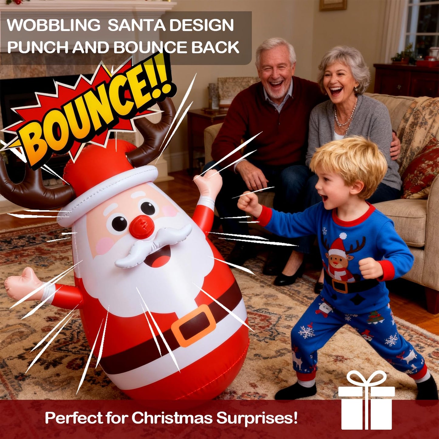 Inflatable Santa Reindeer Ring Toss Game with Wobbling Punching Bag, Christmas Party Game for Kids and Adults, Holiday Decoration