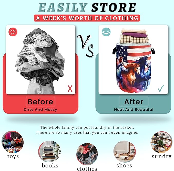 American Flag Horse Laundry Basket Patriotic Foldable Funny Laundry Hamper