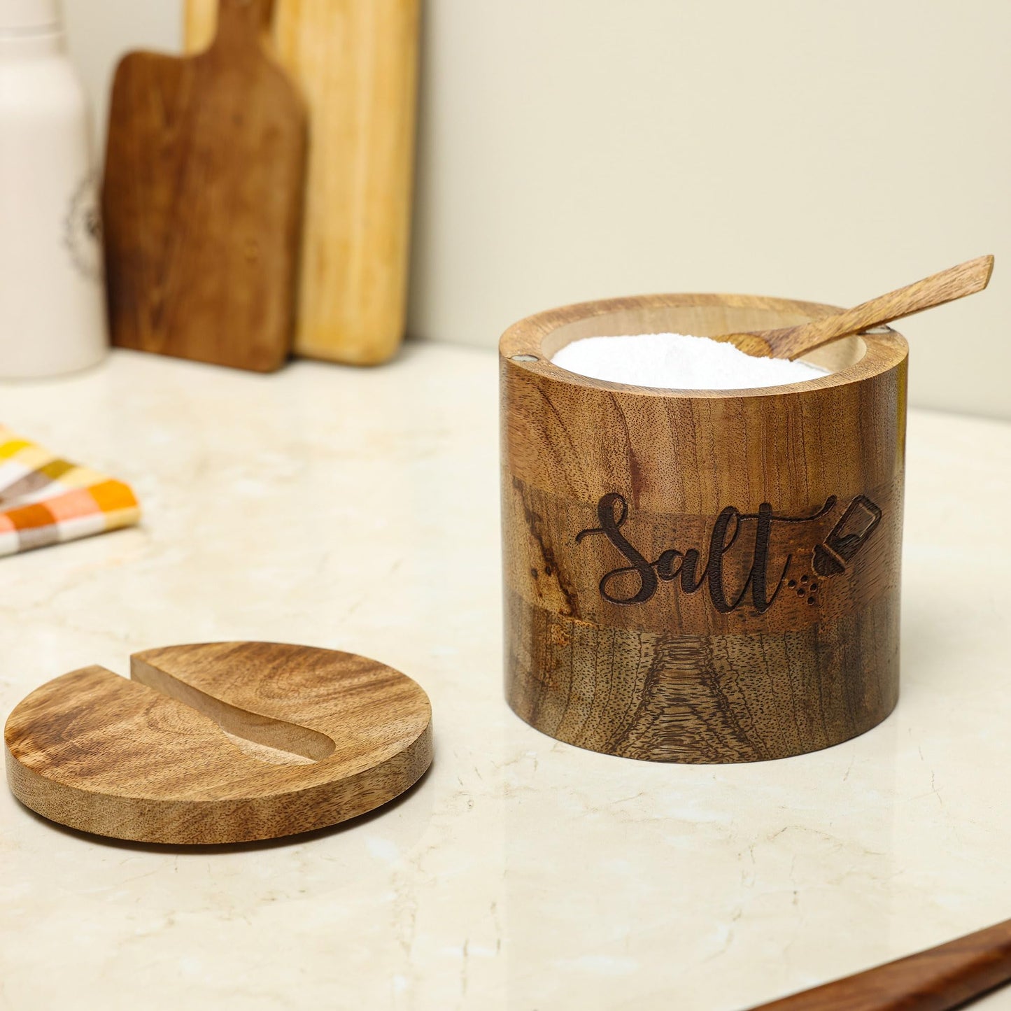 dudki Wooden Salt Box with Magnetic Lid with Attached Spoon on Top| 800 ML Round Salt Container| Bowl Pot Jar Salt Box | Mango Wood for Dinning Table| Kitchen Home| Seasonings