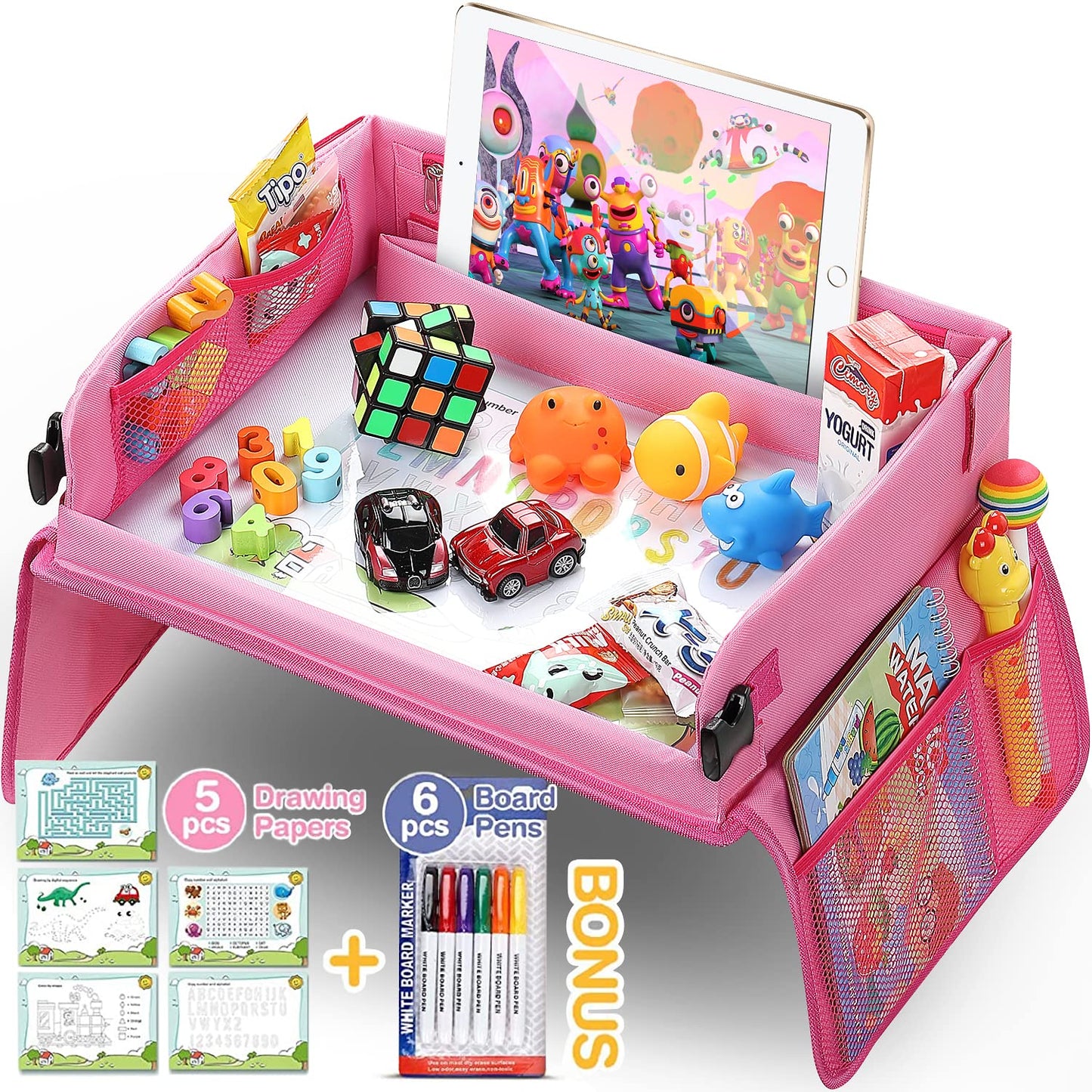 lenbest Travel Tray, Indoor & Outdoor Learning Educational Toys Play Tray Lap Desk with Dry Erase Top - 6 Pens & 5 Drawing Papers - Multifunctional Activity Tray for Kids Toddlers Boys Girls (Pink)