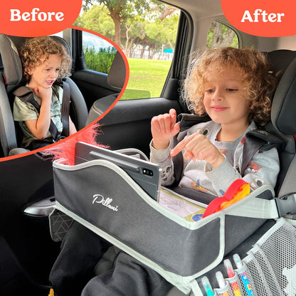 PILLANI Kids Travel Tray for Car - Car Seat Tray & Lap Desk Organizer for Kids Travel, Road Trip Activities & Airplane Essentials - Portable & Easy to Store