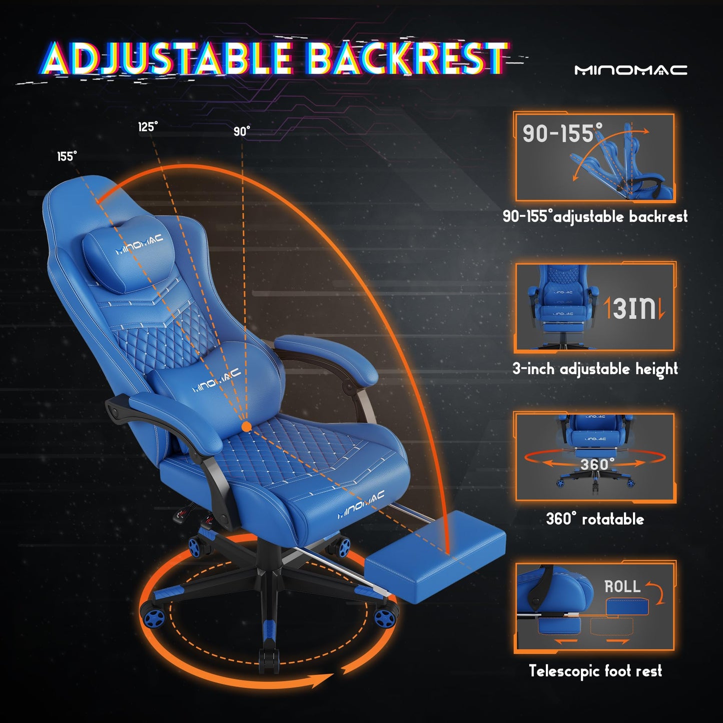 MINOMAC Gaming Chair, 400 lbs Adult Chair, High Back Computer Chair with Footrest and Linked Armrests, Office Video Game Chair with Lumbar Support (Blue)