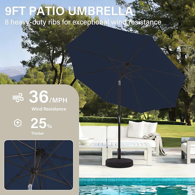 MEWAY 9ft Patio Umbrella Outdoor Table Umbrellas with Push Button Tilt and Crank, Market Umbrella 8 Sturdy Ribs for Deck, Garden, Pool and Backyard, Dark Blue