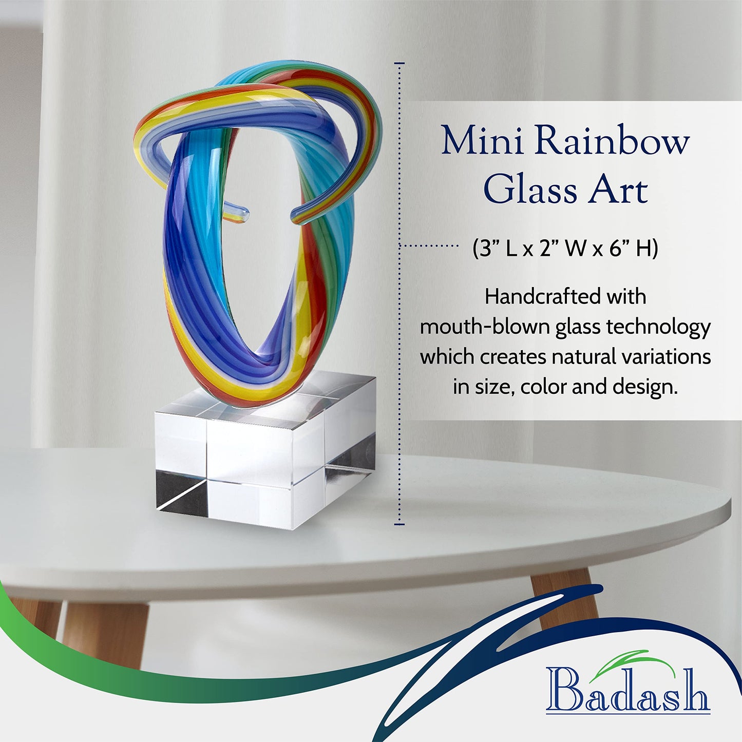 Badash Mini Rainbow Murano-Style Glass Sculpture - 6" Tall Mouth-Blown Art on Crystal Base - Contemporary Home Decor Accent Piece