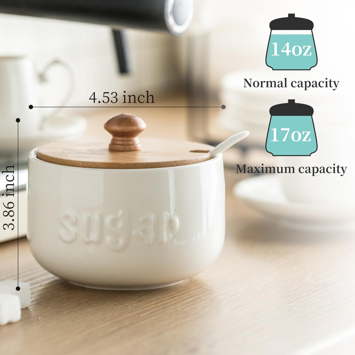 LYEOBOH Sugar Bowl with Lid and Spoon,17 OZ Sugar Jar, Ceramic Jar with Lid, Sugar Container for Coffee Bar, Sugar Bowls for Countertop, Azucarera for Farmhouse Home and Kitchen Accessories, White
