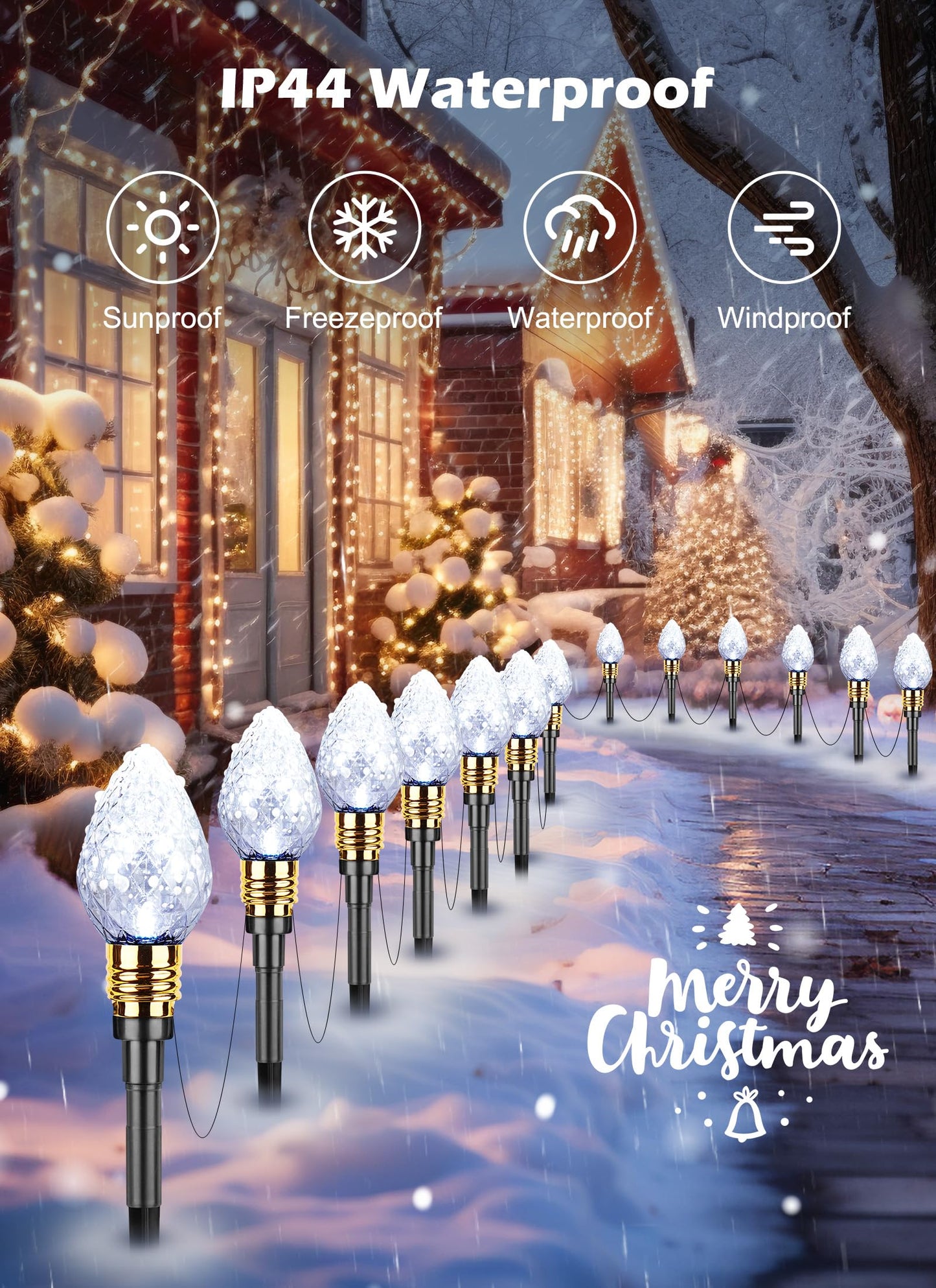 Brightown 2 Pack Strawberry C9 Christmas Pathway Lights Outdoor, Total 34.8 Ft 20 C9 Pathway Lights, Waterproof Connectable Christmas Walkway Light for Yard Ground Sidewalk Driveway, Pure White