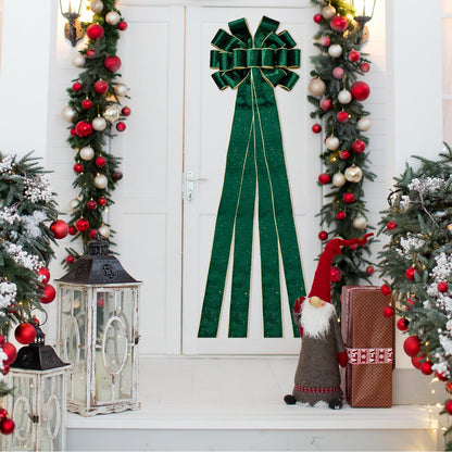 WRAPAHOLIC Large Christmas Tree Topper Bow - 13 x 52 Inch Green Glitter Christmas Tree Topper Ribbon Bow Wreath Bows with Wired Edge for Xmas Ornament Indoor Outdoor Decoration