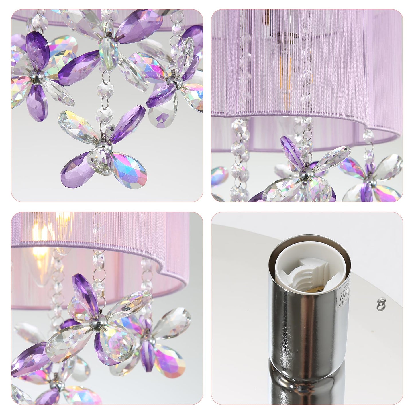 3 Light Bedroom Chandelier Ceiling Light Pink Lamp 13" Small Crystal Mini Chandelier Flush Mount Ceiling Light with Handmade Flower Lampshade for Girls' Bedroom,Closet,Nursery,Dinning Room Purple