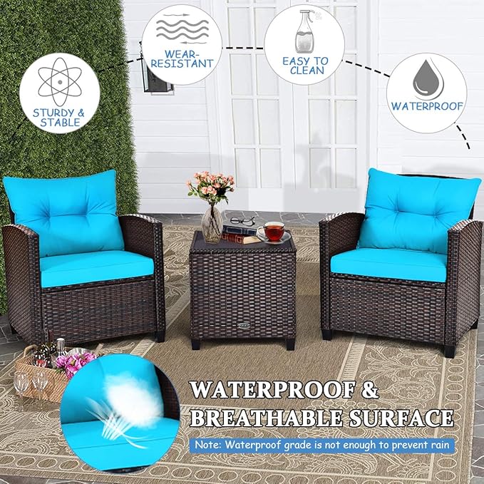 COSTWAY 3PCS Patio Furniture Set, PE Rattan Wicker Sofa w/Washable Cushion and