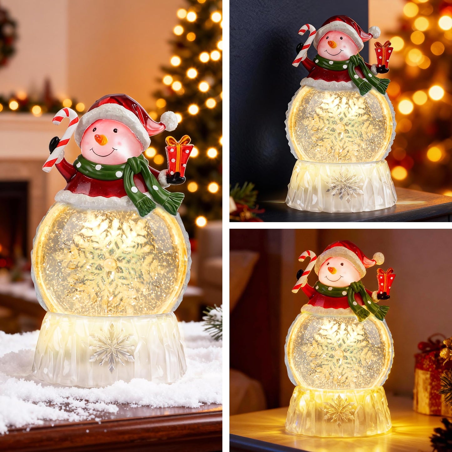 9" Lighted Christmas Snow Globe Lantern, Snowman Water Globe with Swirling Glitter, 8 Christmas Songs, USB/Battery Powered, 6H Timer, LED Holiday Tabletop Decor