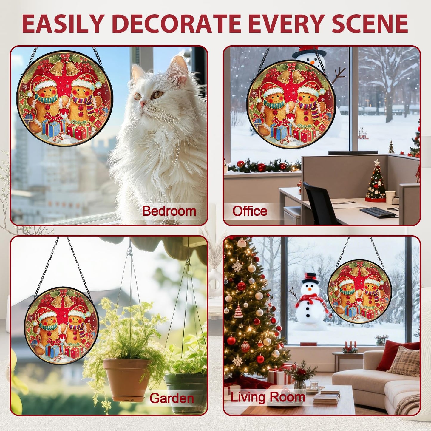 Christmas Decorations Stained Glass Window Hanging, Gingerbread Candy Cane Christmas Suncatcher for Window Hanging, Suncatchers Indoor Windows Wall Art for Mom Grandma, for Home Office 7.87 inches