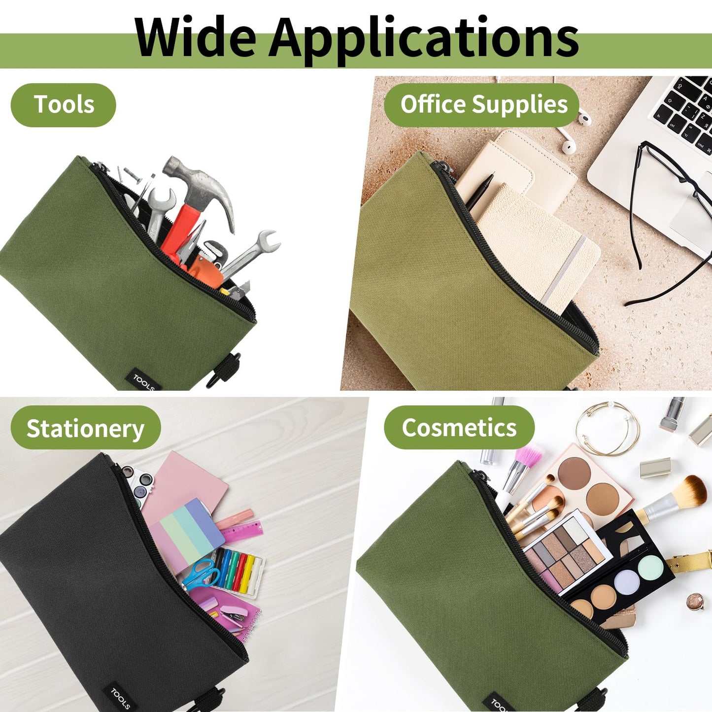 3 Pack Premium Tool Pouches Zipper Bag, 12 in Small Tools Bags with Carabiner, Heavy Duty Flat Bottom Utility Multipurpose Storage Organizer Bag for Tool, Stationary, Pencil (Tan, Navy Green, Black)
