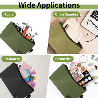 3 Pack Premium Tool Pouches Zipper Bag, 12 in Small Tools Bags with Carabiner, Heavy Duty Flat Bottom Utility Multipurpose Storage Organizer Bag for Tool, Stationary, Pencil (Tan, Navy Green, Black)