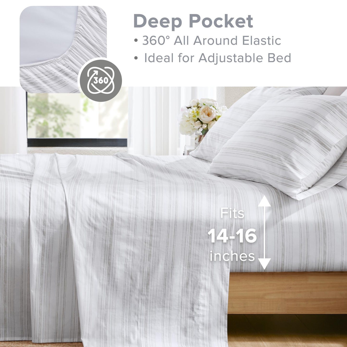 Comfort Spaces 100% Cotton Sheets King, Breathable, Naturally Cool Cotton Sheets, Soft Cotton Bed Sheets with 14" Elastic Pocket Fits up to 16" Mattress, All Seasons Sheet Set, Good Vibes Grey 4 Piece