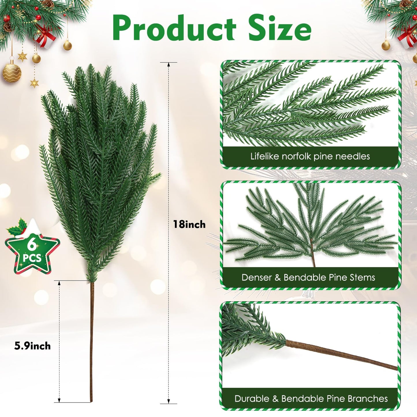 18" Real Touch Norfolk Pine Stems for Christmas Decoration, Artificial Pine Branches Greenery Stems for Vase, Christmas Picks for Xmas Tree,Wreath,Table,Planter,DIY Home Decor (6 Pcs Pine Branches)