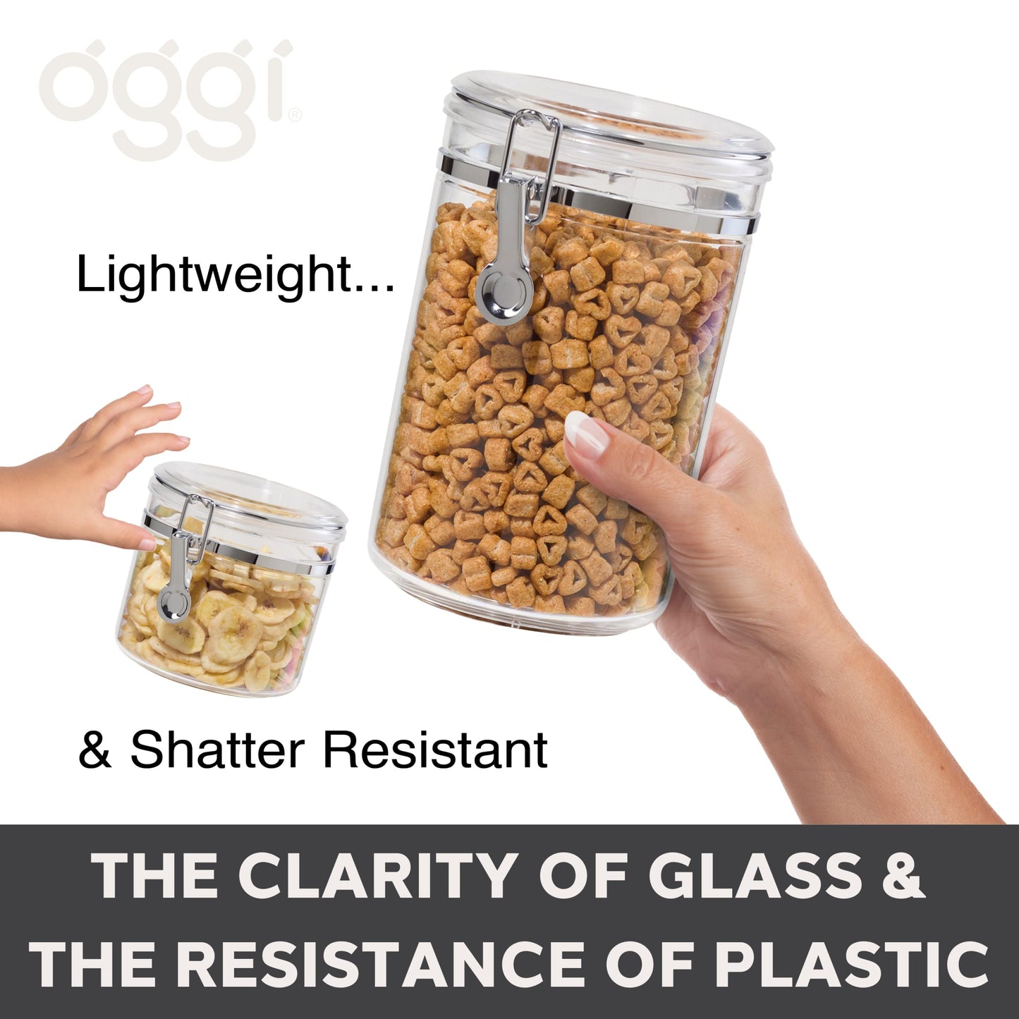 Oggi Large Clear Canister with Clamp Lid, 72 oz - Large Airtight Food Storage Container, for Kitchen & Pantry Storage of Bulk, Dry Foods, Pasta, Flour, Sugar, Coffee, Rice, Tea, Spices & Herbs