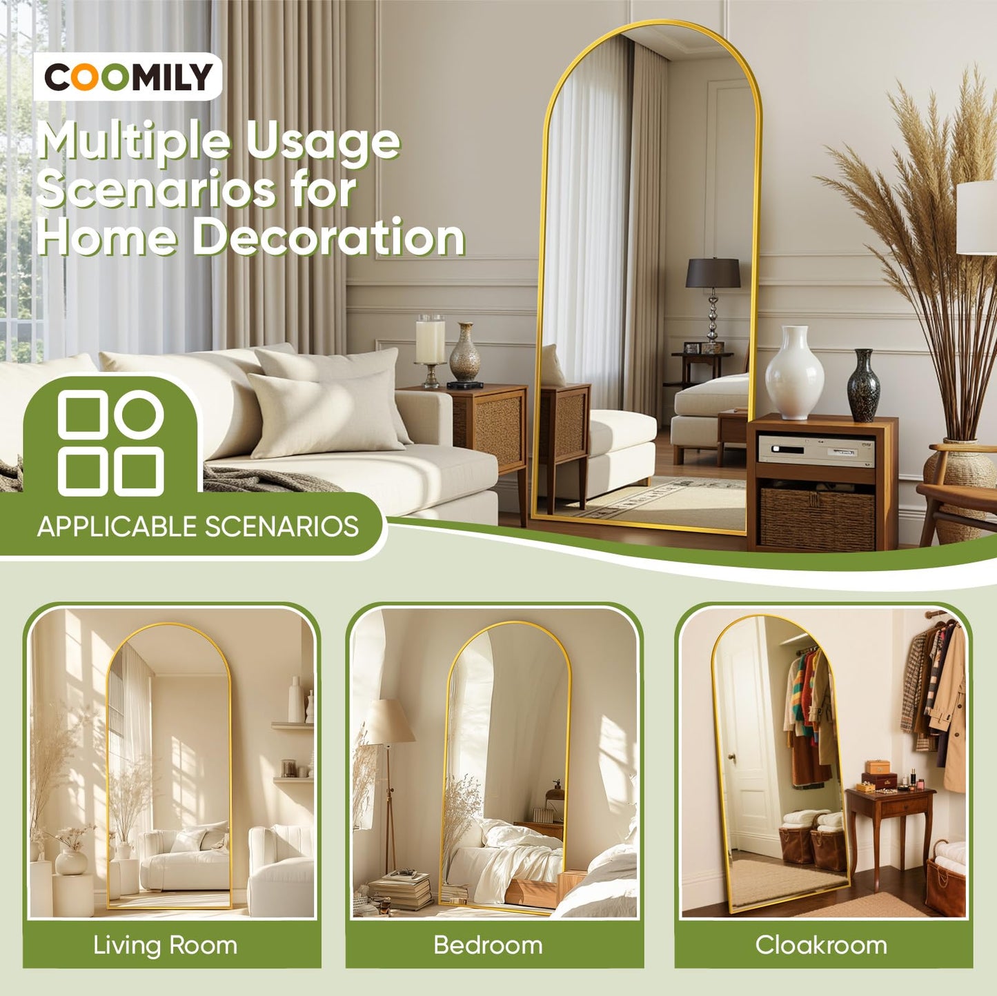 Coomily Full-Length Floor Mirror with Stand, 71"x28" Arched Style Full Body Standing Mirror for Bedroom, Living Room, Gym, Dorm - Shatter-Resistant & Easy Assembly, Gold