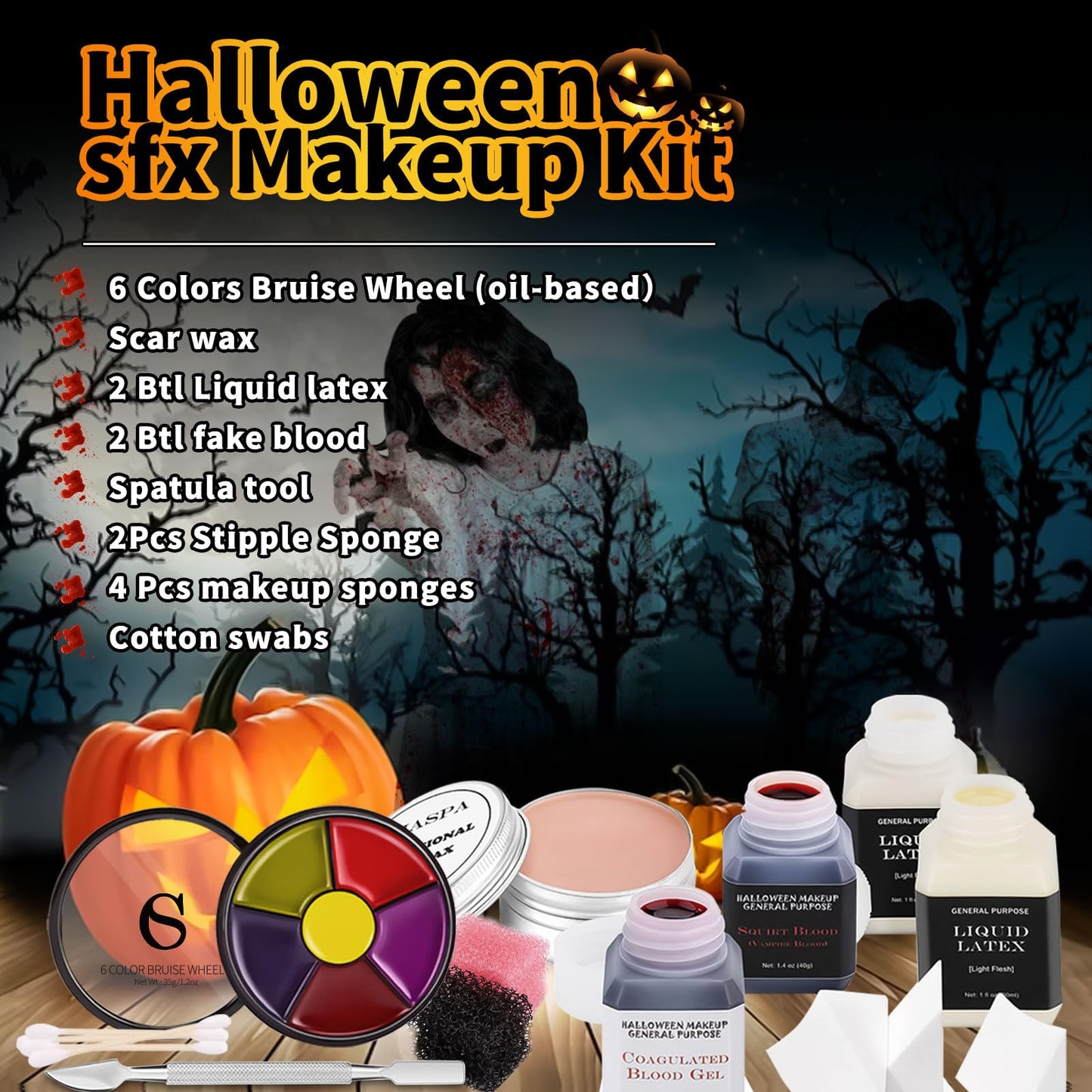 CHASPA Halloween Liquid Latex Special Effects SFX Makeup Kit for Fake Scar Wound Makeup - Scar Wax + 2 Btl Liquid Latex + 2 Btl Fake Blood + Spatula Tool + 2Pcs Stipple Sponge for Halloween Cosplay