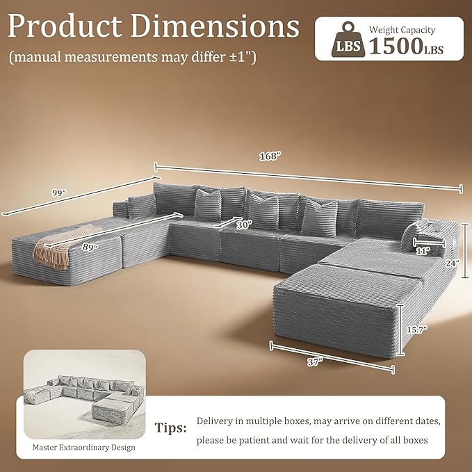 168" Cloud Sectional Couch, Comfort U Shaped Sofa