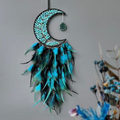 Moon Dream Catchers with Chakra Gemstone Agate Stone, Crystal Tree Life Dream Catchers Wall Hangings Room Decor (Green)