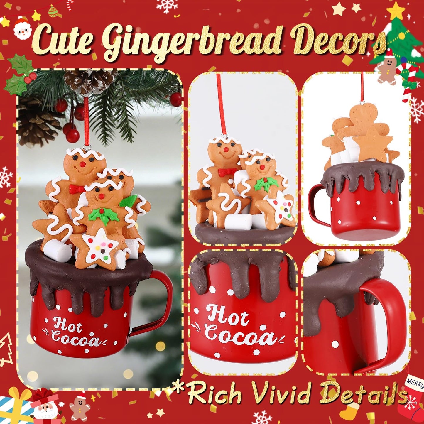 Cute Christmas Gingerbread Hanging Ornaments,2Pcs Mini Red Hot Cocoa Mugs with Handmade Clay Gingerbread Man Cookies,Chocolate,Marshmallows,Candy Canes for Winter Holiday Party Xmas Tree Decorations