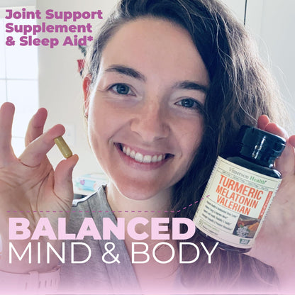 Turmeric Supplement - Turmeric Curcumin with Black Pepper, Melatonin 3mg & Valerian. Natural Sleep Aid for Adults with L-Theanine, Ginger, Valerian Root Capsules. Aids Relaxation and Mood. 60 Capsules