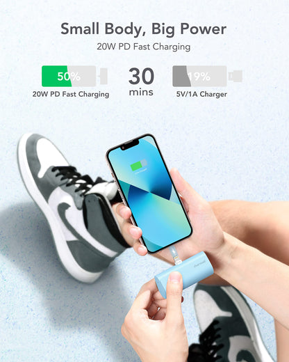 charmast Small Portable Charger for iPhone, Ultra-Compact 20W PD Fast Charging Power Bank 5000mAh, Mini Battery Pack for iPhone 14/14 Pro Max/13/13 Pro Max/12/12 Pro Max/11/XR/X/8/7/6 etc