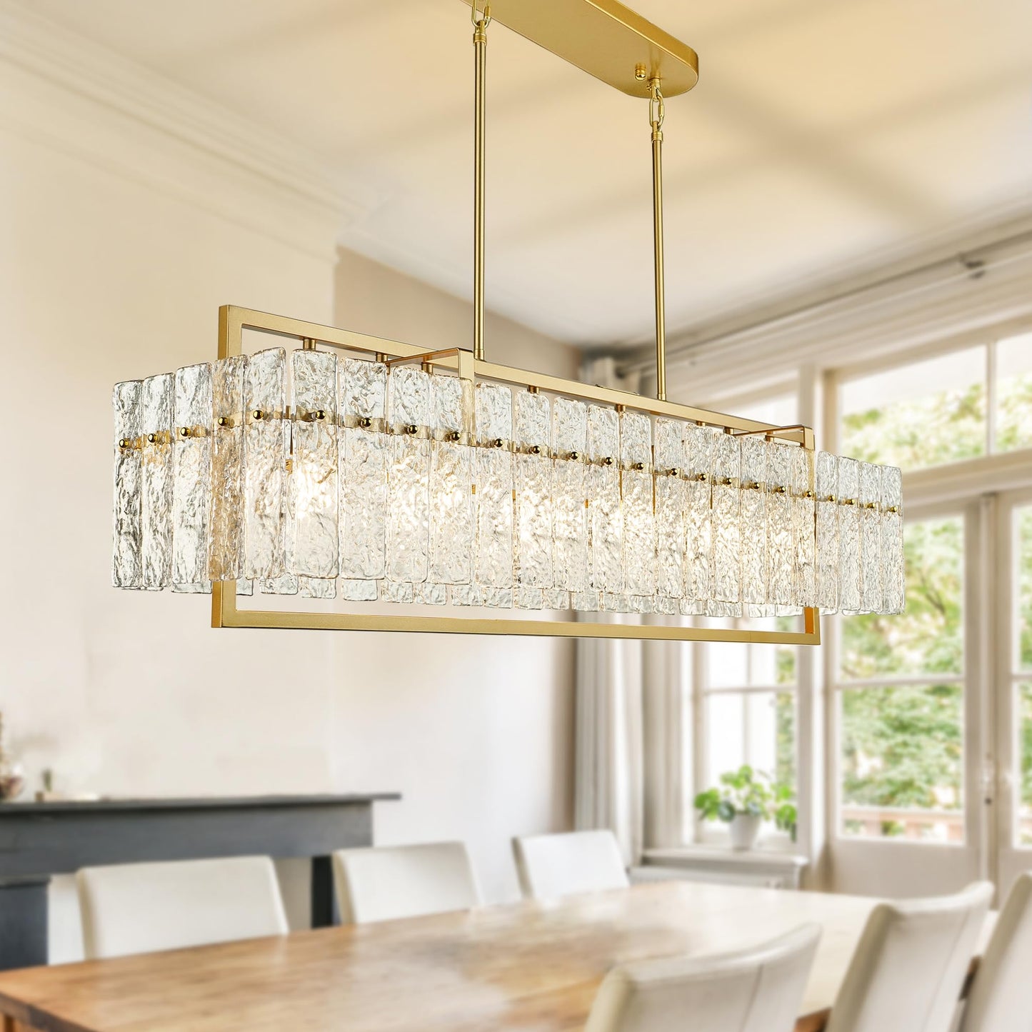 IKK Modern Rectangle Gold Crystal Chandeliers for Dining Room, 42" Large Rectangular Water Ripple Glass Island Light Fixture, Elegant Linear Lighting for Kitchen Island, Living Room, L42 x W11 x H12
