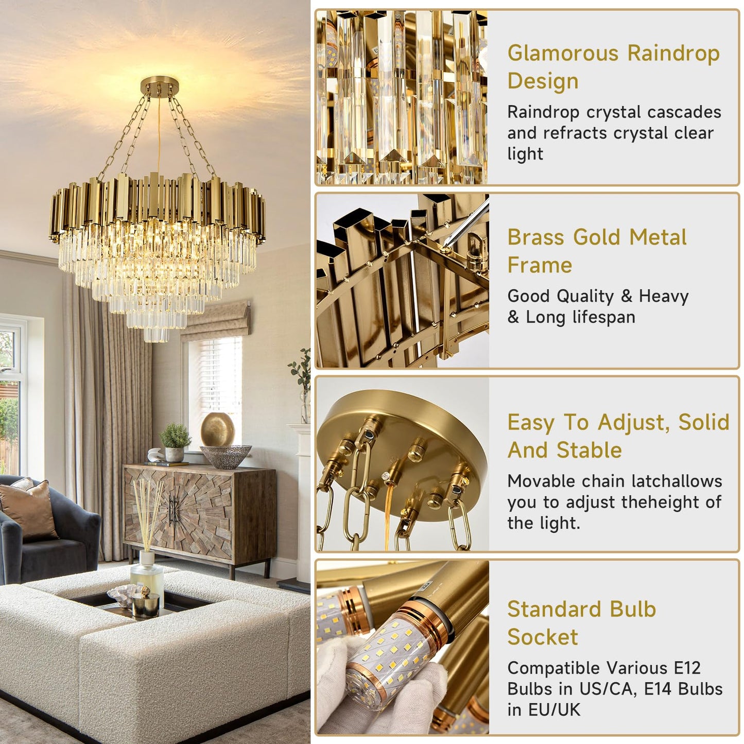 AOOCHOK Modern Crystal Chandelier Gold Pendant Light Fixtures, Round Crystal Pendant Lighting for Living Room, Dining Room, Bedroom, Restaurant, E12 x 12, Φ30inch
