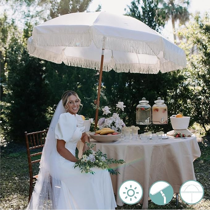 AMMSUN 7ft Patio Umbrella with Fringe Outdoor Tassel Umbrella UPF50+ Premium Steel Pole and Ribs Push Button Tilt, Cream White