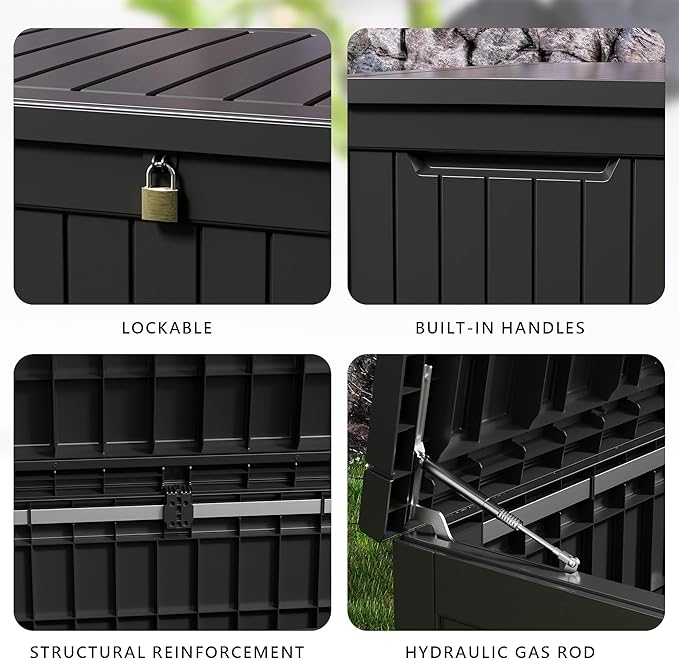 DRATO 280 Gallon Deck Box, Outdoor Large Waterproof Resin Storage Box with Lockable Lid for Patio Cushions, Gardening Tools（Black，280 Gallon）