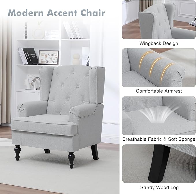 Accent Chair for Living Room, Mid Century Modern Upholstered Armchair, Wingback