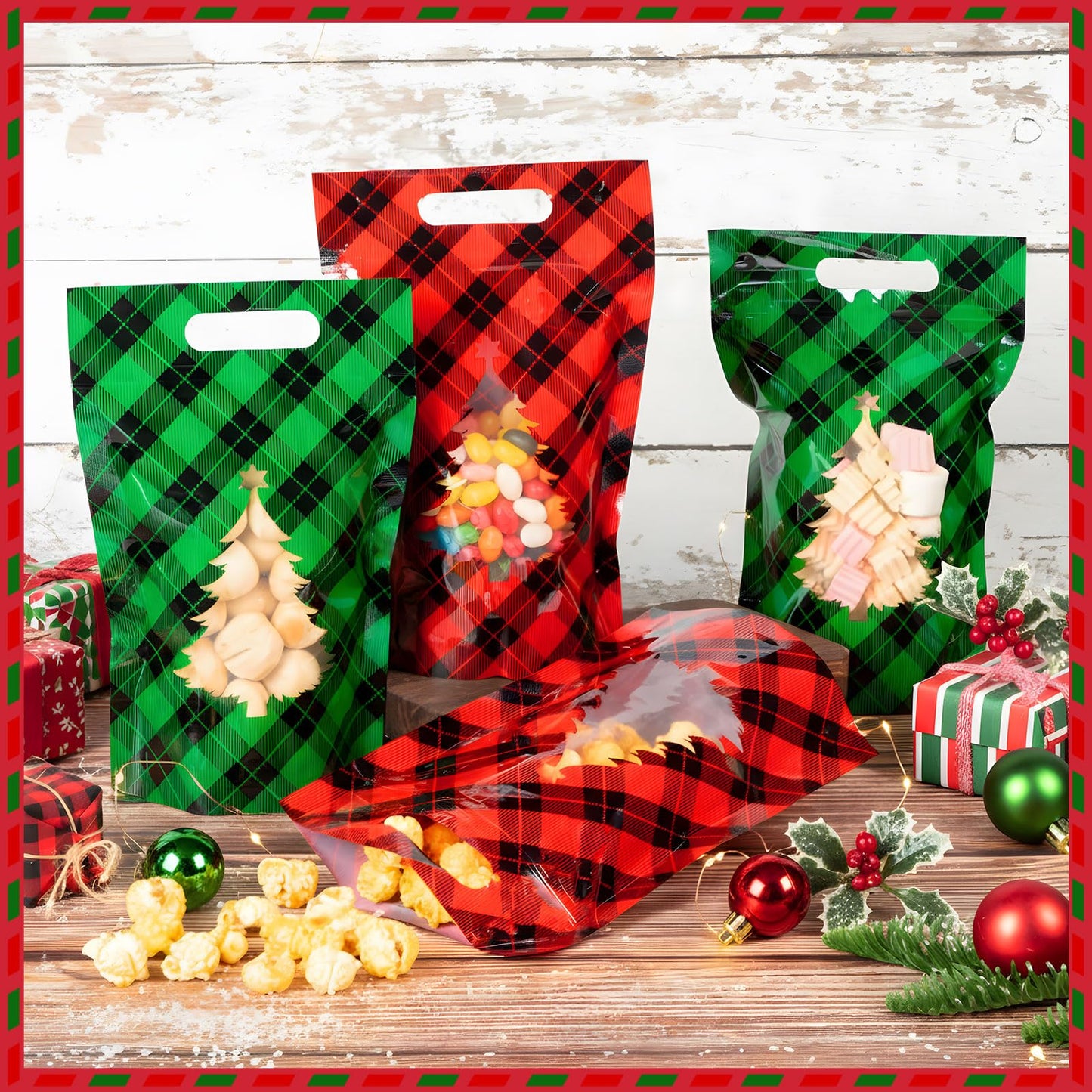 AmazingSpark Summer Christmas Candy Treat Bags with Windows, Holiday Plaid Plastic Sealing Bags with Handles for Xmas Holiday Party Candy or Snacks Gift Wrapping Supplies
