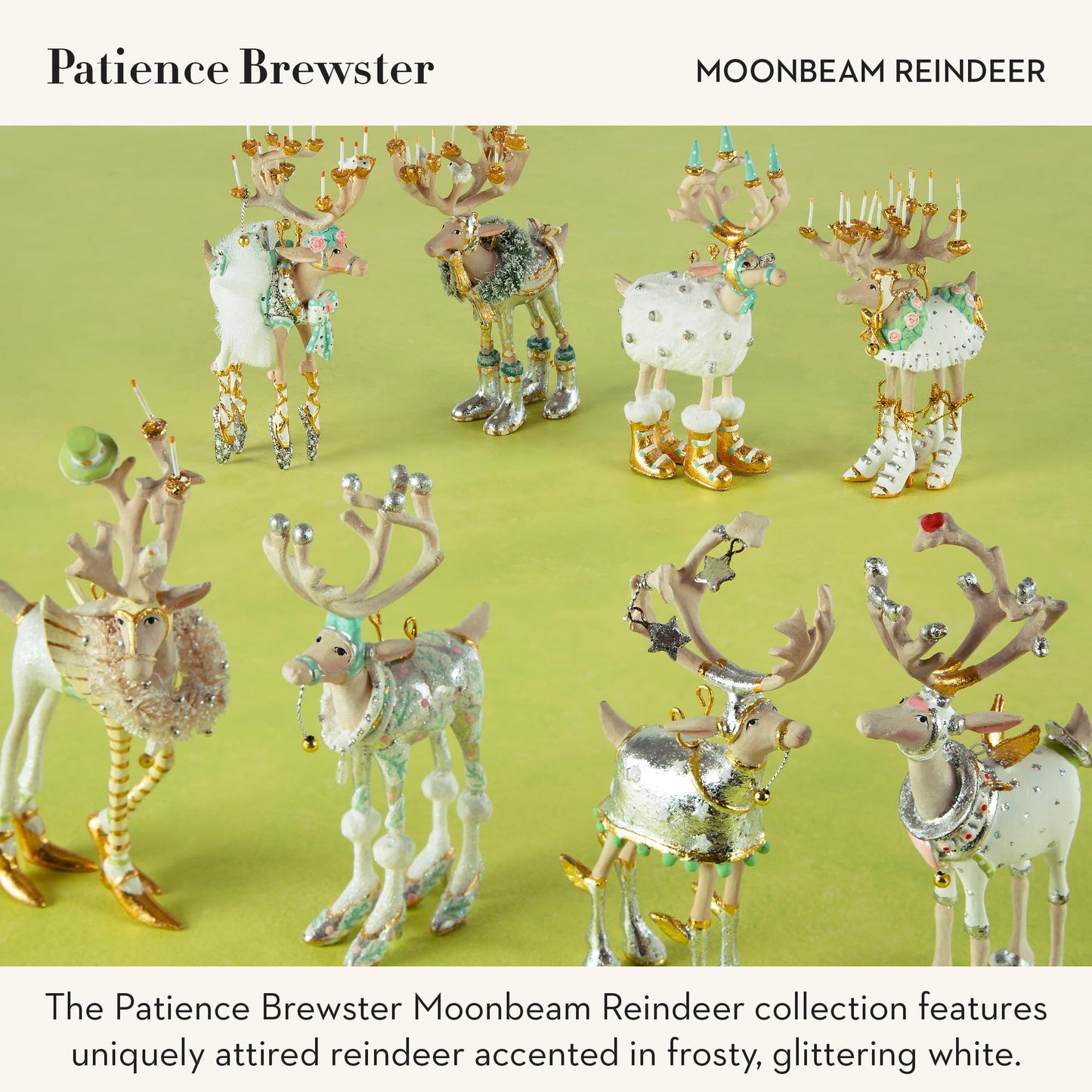 MACKENZIE-CHILDS Patience Brewster Mini Ornaments Set, Mini Christmas Ornaments, Moonbeam Reindeer