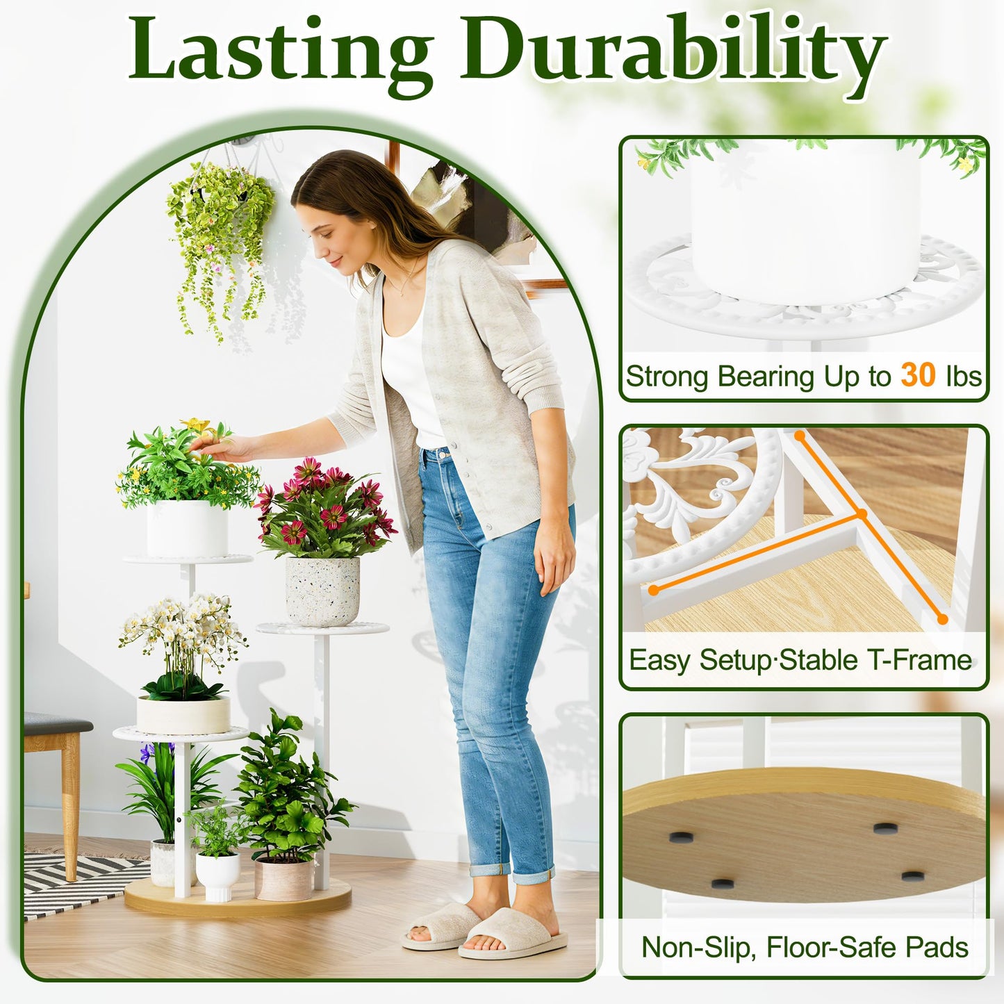 NQW 3 Tier Plant Stand Indoor Outdoor, Tall Metal Wood Shelf Corner Flower Pot Tiered Flower Pot Stands for Patio Garden Balcony Living Room Bedroom