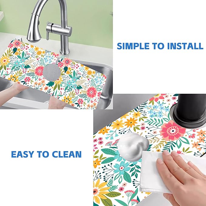 Colorful Floral Leaves Berries Kitchen Sink Splash Guard Mat Absorbent Fast