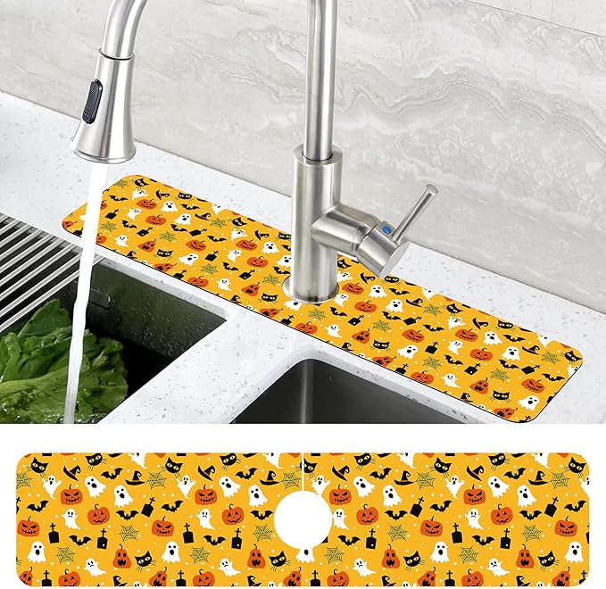 Halloween Pumpkin Bat Ghost Kitchen Sink Splash Guard Mat Absorbent Fast Drying