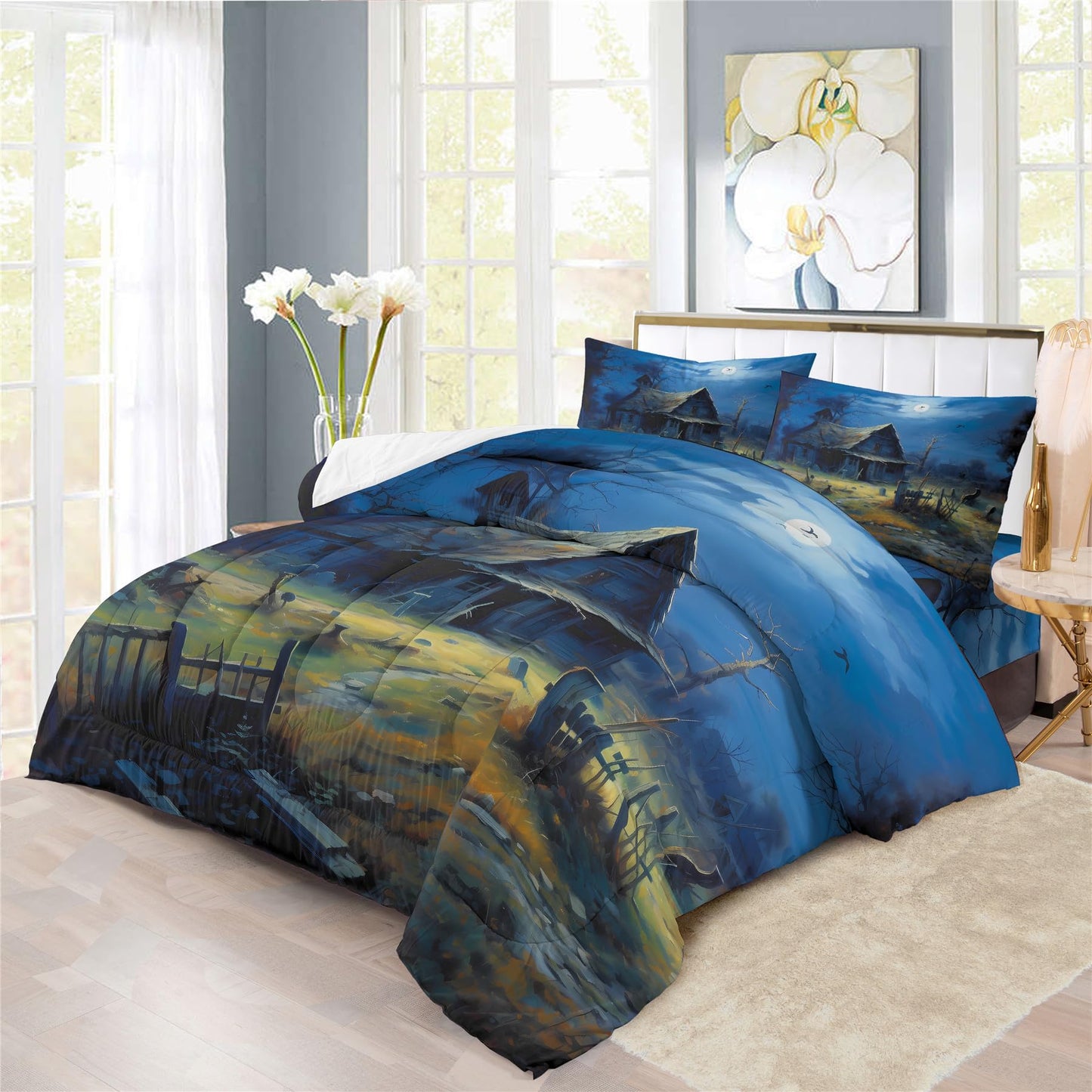 Halloween Haunted House Design Comforter Set | Horror Festive Night Spooky Manor Prints Bedding Set | with Soft Comforter+2 Pillow Shams(3PCS) or Sheet (4PCS) (A,Twin-3PCS)