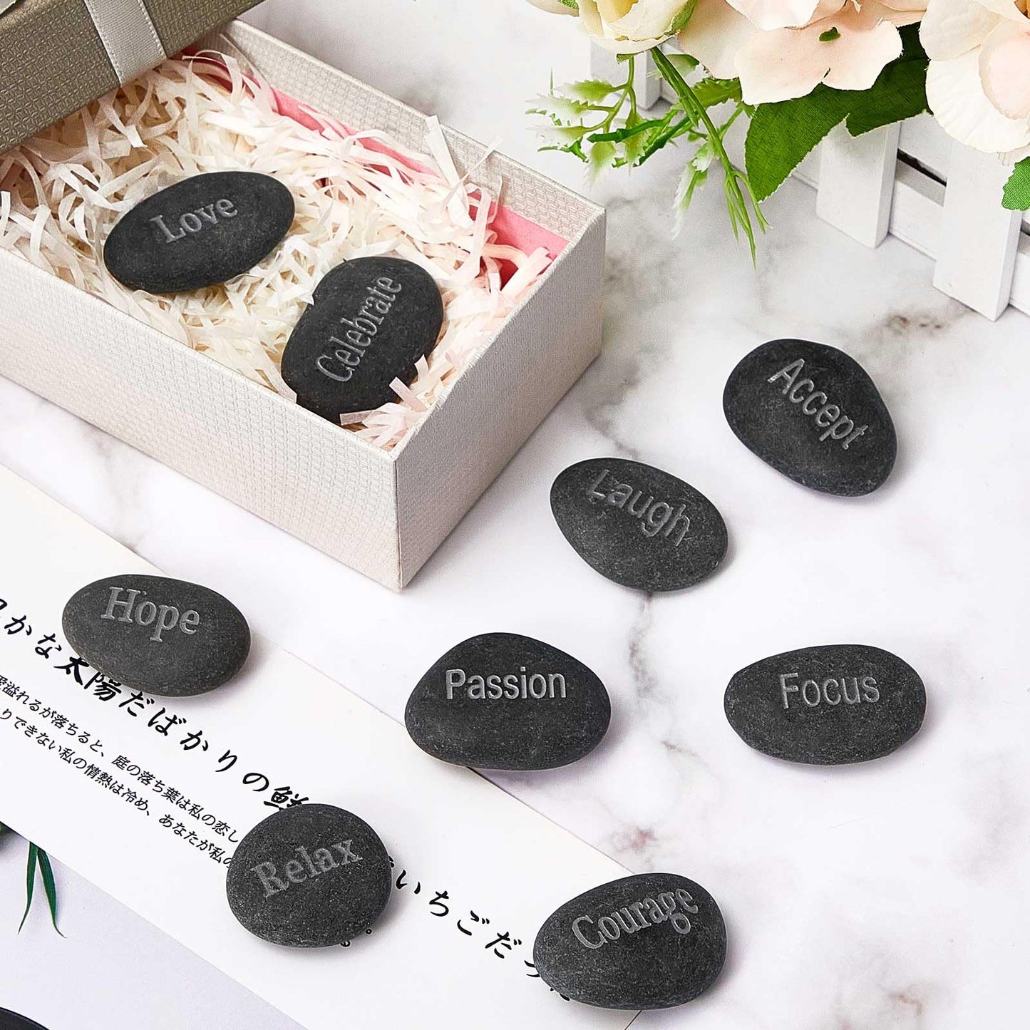 Fabbay 40 Pcs Engraved Inspirational Rocks, Encouragement Worry Stones with Words, Natural River Stone Bulk Set for Garden Decor, Meditation, Positive Gifts & Easter Decorations(Black)