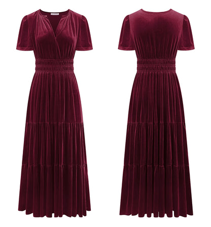 R.Vivimos Women's Fall Winter Vintage Velvet Dress Short Sleeve V Neck Elastic Waist Tiered Ruffle A-Line Flowy Elegant Maxi Dress (Large, WineRed)
