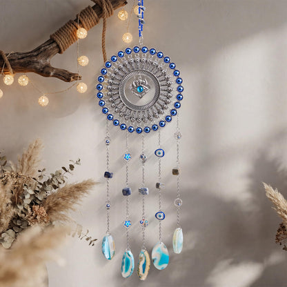 Evil Eye Dream Catcher, Handmade Blue Agate Stone Catcher with Crystals, Protective Bohemian Wall Hanging Decor for Bedroom, Window, Garden - Unique Housewarming Gift for Friends and Family