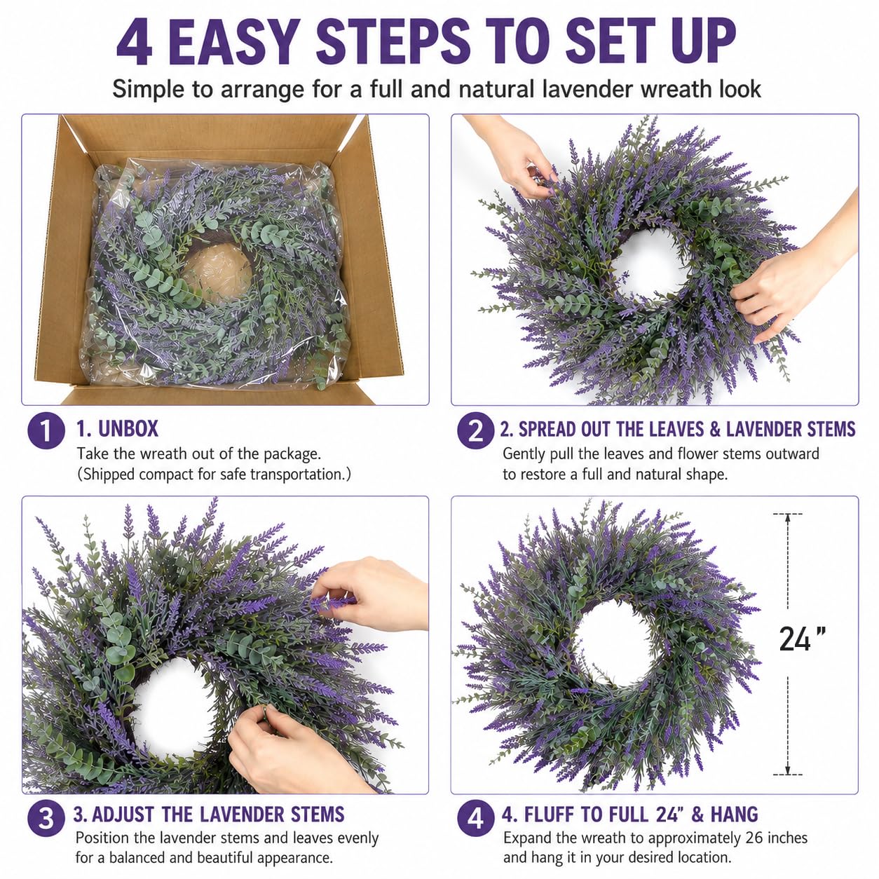 24'' Lavender & Eucalyptus Wreath for Front Door, Window - Artificial Eucalyptus Leaves Greenery Outdoor Wreath for Wedding Farmhouse Porch Wall Room Home Decor