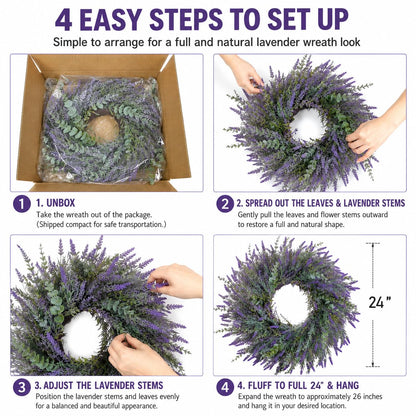 24'' Lavender & Eucalyptus Wreath for Front Door, Window - Artificial Eucalyptus Leaves Greenery Outdoor Wreath for Wedding Farmhouse Porch Wall Room Home Decor