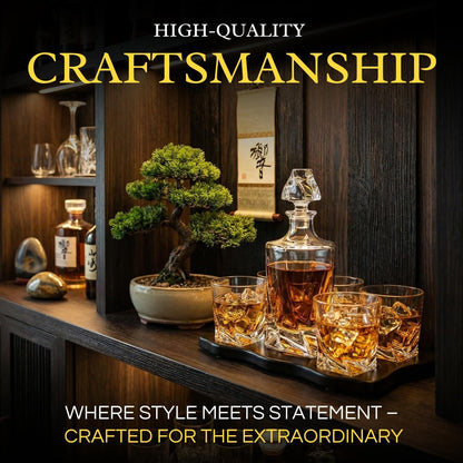 Ember Japanese Crystal Whisky Decanter Set with 4 Tumbler Glasses, Lead-Free Liquor Carafe & 10oz Rocks Glasses - Scotch Bourbon, Spirits & Wood Base Elegant Barware Gift for Men, Japan Design Gifts