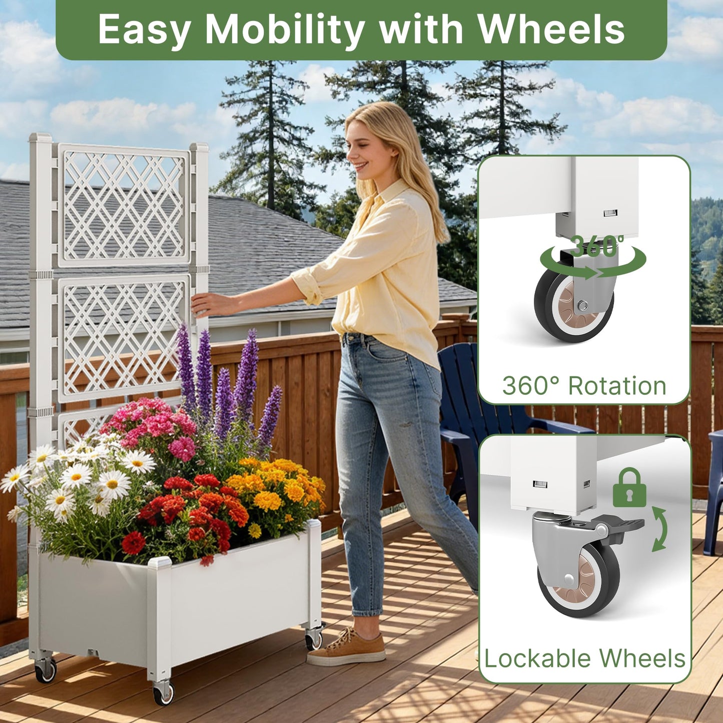 Miory 60" Raised Garden Bed with Trellis & Wheels, Vertical Gardening Planter Box with Water Level Indicator and Drainage System for Garden Outdoor Patio Balcony