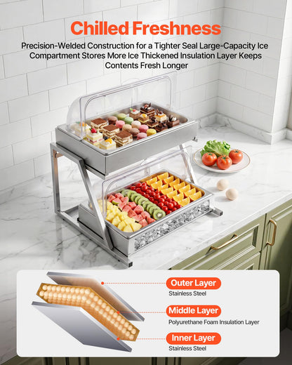 VEVOR Countertop Food Serving Display Container, 2 Tier Stainless Steel Food Salad Server Tray, Buffet Condiment Dispenser, Ice Cooled Rack with Clear Roll Top Cover, for Restaurant Hotel (1/1 Pan x2)