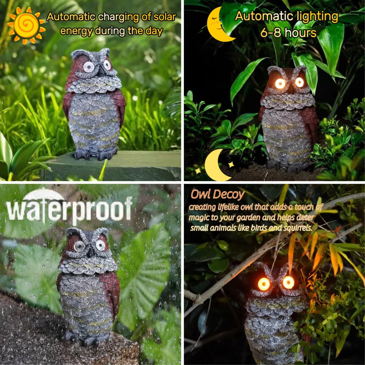 Jy.Cozy Garden Solar Owl Decoy Statue Outdoor Figurine Light Decor Glowing Eyes Spring Mounted Wobblying Head Resin Sculpture Decoration for Home Porch Patio Lawn Farm Yard Housewarming Ornament Gift