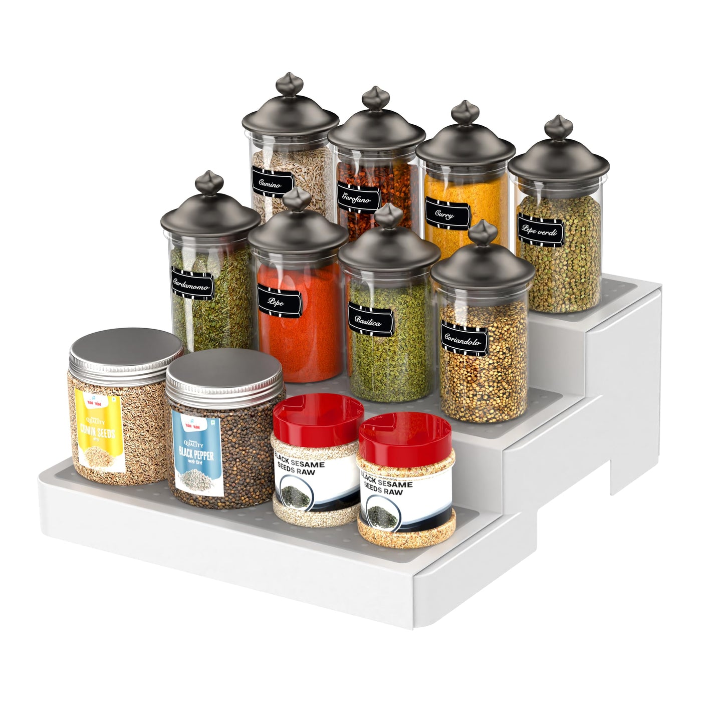 YAN & HIN Expandable Spice Rack Organizer for Cabinet (2 Pack), 3-Tier Tiered Spice Shelf Organizer with Non-Skid Surface, Spice Riser, Adjustable Pantry Organizer for Spices, Cans & Medicine Cabinet